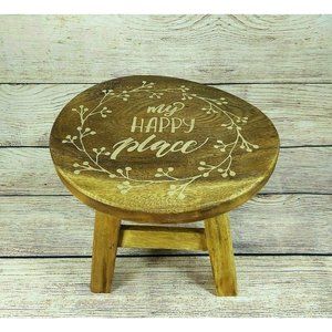 Wooden 10" Tall Round Table My Happy Place Ornate 4 legs Stand Décor Mother Gift
